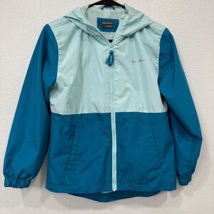 Eddie‎ Bauer Kids Colorblock Hooded Rain Jacket Teal Aqua Lightweight Size M